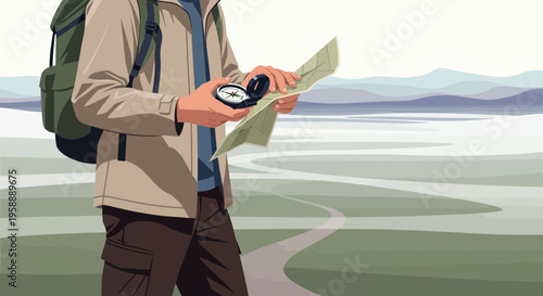Adventurous Explorer Navigating Scenic Terrain With Map And Compass
