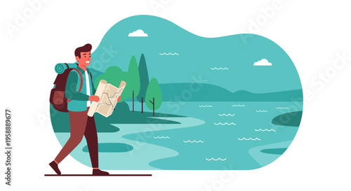 Adventurous Hiker Consults Map During Outdoor Exploration