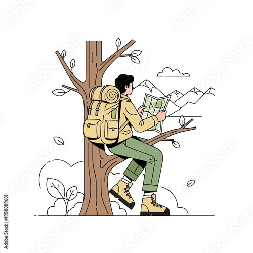Adventurous Hiker Consults Map While Resting In Tree During Outdoor Expedition