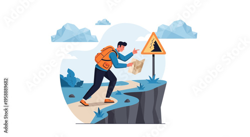 Adventurous Hiker Consults Map Near Cliff Edge With Warning Sign