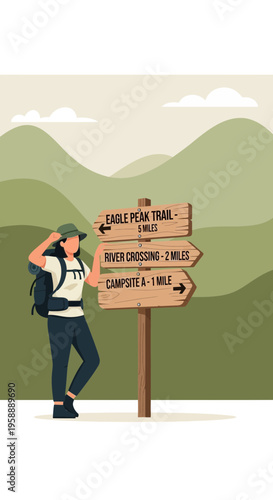 Adventurous Hiker Consults Trail Sign In Mountainous Landscape