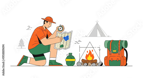 Adventurous Explorer Navigating Wilderness With Map And Compass