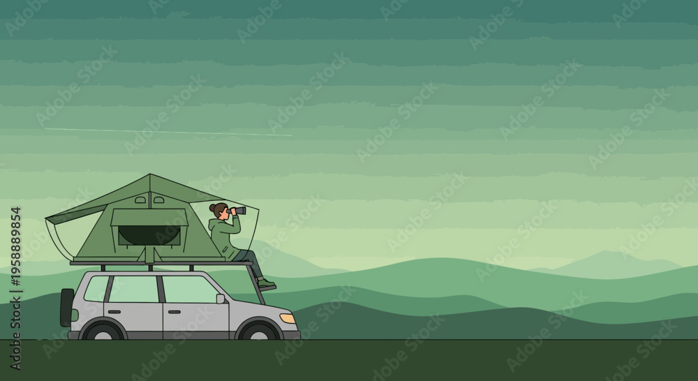 Obraz premium Adventurous Explorer Observes Serene Landscape From Rooftop Tent