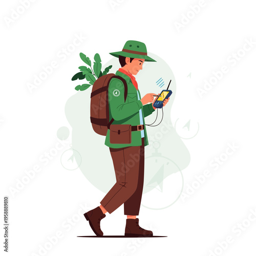 Adventurous Explorer Navigating With Modern Technology And Backpack