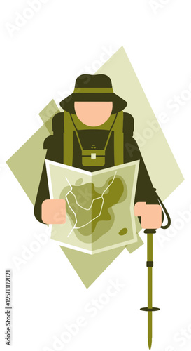 Adventurous Explorer Navigating With Map and Trekking Pole Expedition Planning