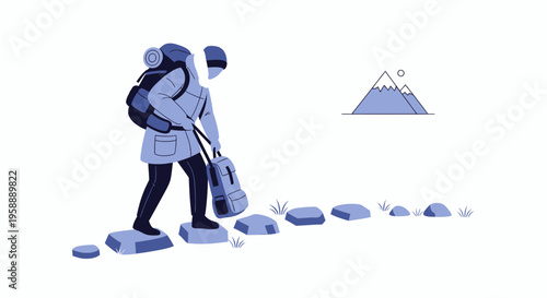 Adventurous Hiker Embarks on a Mountain Trek Via Stepping Stones