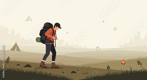 Adventurous Hiker Embarks On A Solitary Trek Through A Serene Wilderness Landscape