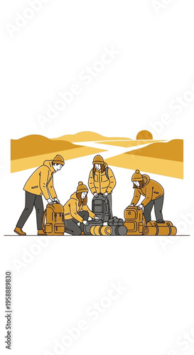 Adventurous Group Prepares Gear For Outdoor Expedition Together