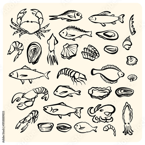 Fresh Seafood and Marine Life Hand Drawn Line Art Illustration