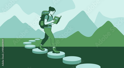 Adventurous Hiker Absorbed In A Book While Traversing Stepping Stones Through Mountains