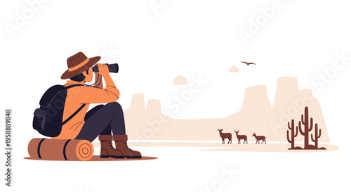 Adventurous Explorer Observing Wildlife in Arid Desert Landscape