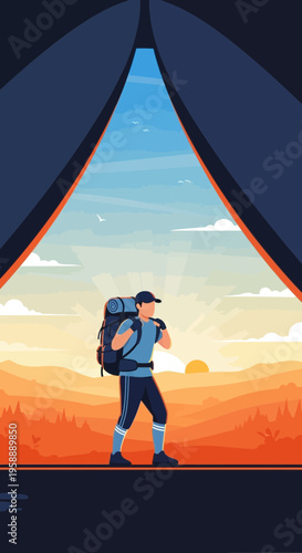Adventurous Hiker Emerging From Tent Into Sunrise Desert Landscape Scene