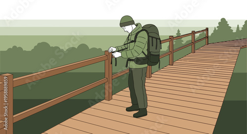 Adventurous Hiker Adjusting Backpack Straps on Wooden Boardwalk Trail