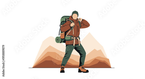 Adventurous Hiker Ascending Mountain Peaks with Essential Gear