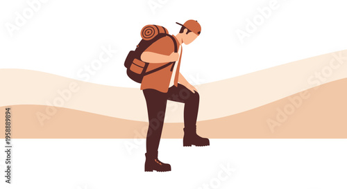 Adventurous Hiker Ascending Trail with Backpack in Minimalist Style