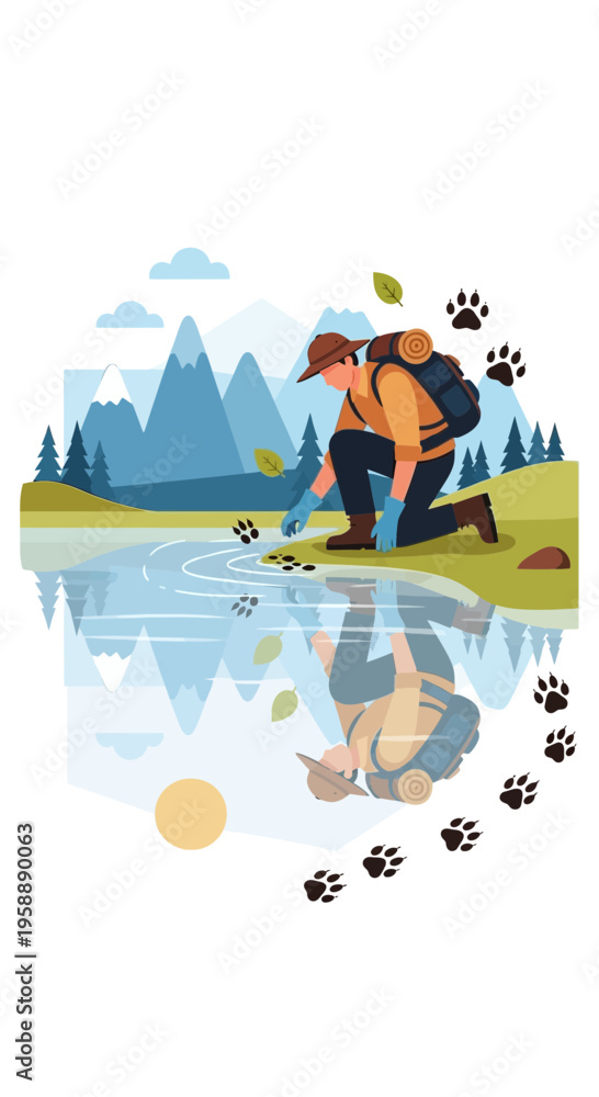 Fototapeta premium Adventurous Hiker Investigates Animal Tracks by Serene Mountain Lake