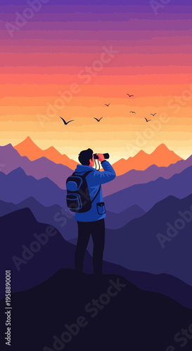 Adventurous Hiker Gazes Through Binoculars At Majestic Mountain Sunrise Horizon