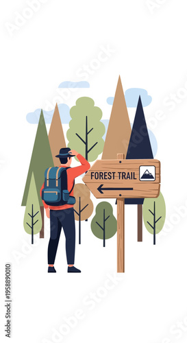 Adventurous Hiker Gazes Towards Forest Trail Signpost Journey Begins