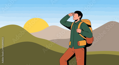 Adventurous Hiker Gazing Towards Distant Peaks At Sunrise