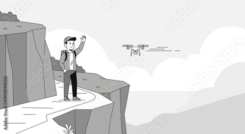 Adventurous Hiker Greets Drone from Scenic Cliff Overlook
