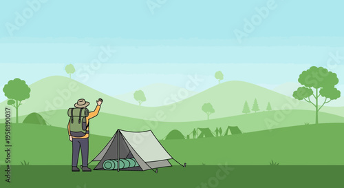 Adventurous Hiker Greets Fellow Campers Amidst Rolling Hills