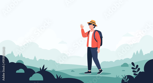 Adventurous Hiker Greets The Misty Mountain Landscape