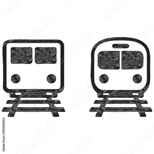 Two black train on white background with scribbled texture