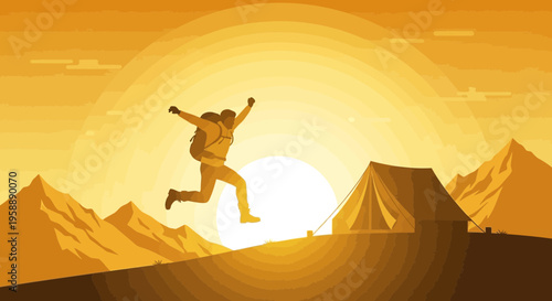 Adventurous Hiker Leaping Joyfully At Sunrise Near Mountain Campsite