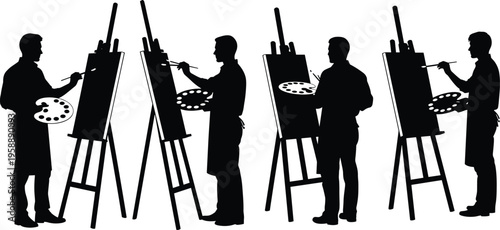 Set of male artist silhouettes painting on canvas with palette and brush for creative studio workshop fine arts and hobby