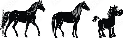 Set of Realistic Horse and Foal Silhouettes with Cartoon Pony Character for Equestrian Sports Farm Animal Nature Breeding and Wildlife Vector Illustration Background