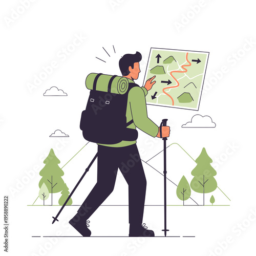 Adventurous Hiker Navigates Trail With Map And Trekking Poles