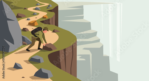 Adventurous Hiker Navigates Treacherous Cliffside Trail With Backpack