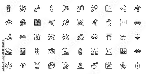 Sakura Festival icon set. Japanese spring vector icons pack. Includes kimono, sakura, lantern, bento, hanami, geisha, temple, ramen and more. Editable stroke.