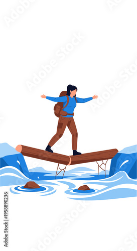 Adventurous Hiker Navigates Treacherous Water Crossing on Log Bridge