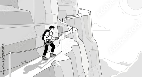 Adventurous Hiker Navigates Treacherous Cliffside Trail With Safety Railings