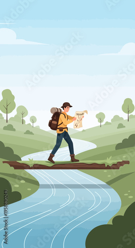 Adventurous Hiker Navigates Wilderness River Crossing With Map