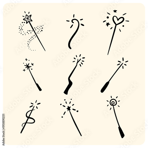 Set of Magic Wand Doodles and Sparkling Fairy Stick Illustrations