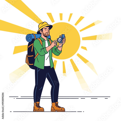Adventurous Hiker Navigates With Compass Under Bright Sunny Skies