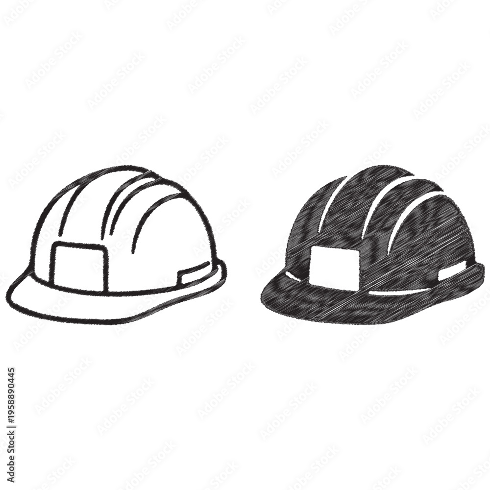 Fototapeta premium Two hard hats one line one hatched black hardhat helmet safety construction protection