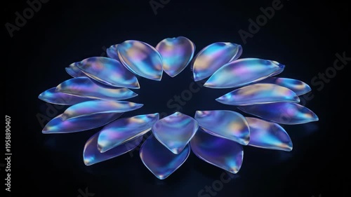 Vibrant iridescent gemstones arranged in a circular pattern against black background