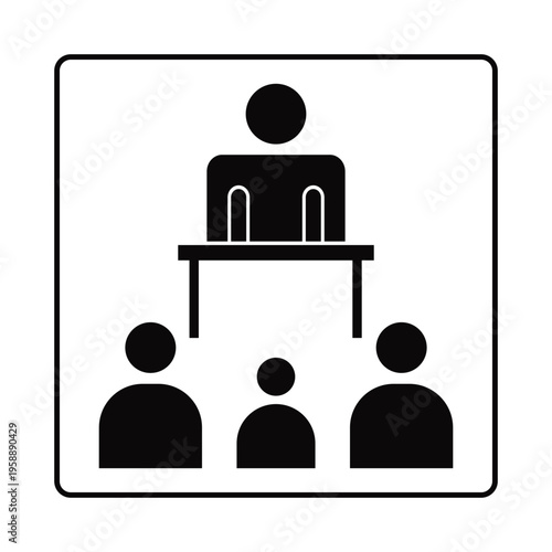 Business meeting symbol showing a presenter standing behind a desk with three audience members listening attentively
