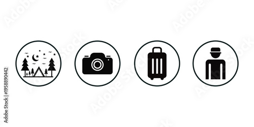 Collection of four travel and lifestyle icons including camping camera luggage and person isolated on transparent background
