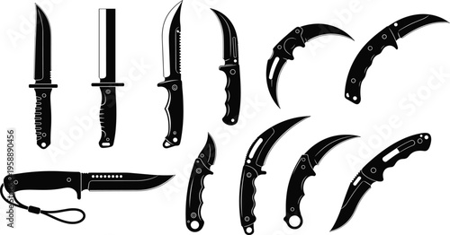 Set of tactical combat knife silhouettes, hunting blades and curved karambit icons, vector military weapon symbols for gaming and outdoor design.