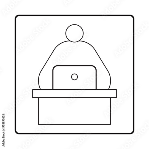 Simple line art illustration of a person sitting at a desk using a laptop computer
