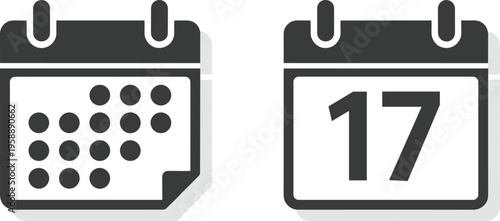 Set of two minimalist black calendar icons representing monthly schedule organization and specific date reminder on a white background, vector.
