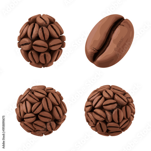 Coffee Beans Arranged in Spherical Shapes and Single Bean.