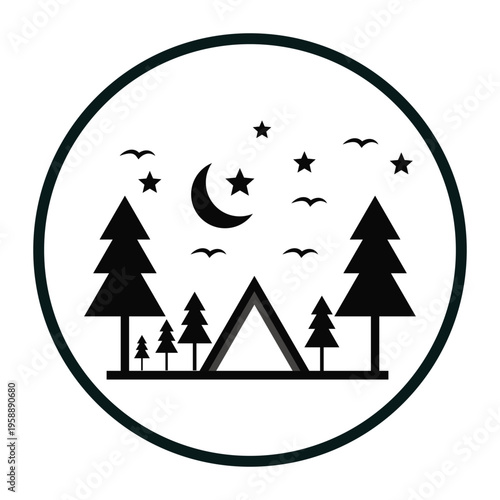 Stylized illustration of a camping scene with pine trees moon stars and birds within a circle