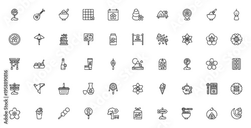 Sakura Festival icon set. Japanese spring vector icons pack. Includes sakura, hanami, bento, dango, kimono, torii, matcha, origami and more. Editable stroke.