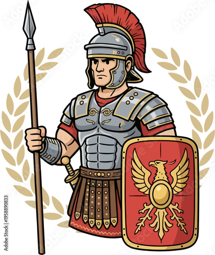 Cartoon Roman Legionary Soldier with Spear Scutum Shield Red Crest Helmet Laurel Wreath