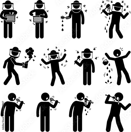 Beekeeping Process Icons Set, Honey Harvest, Beekeeper Collecting Honey Illustration, Apiary Work Silhouette Vector